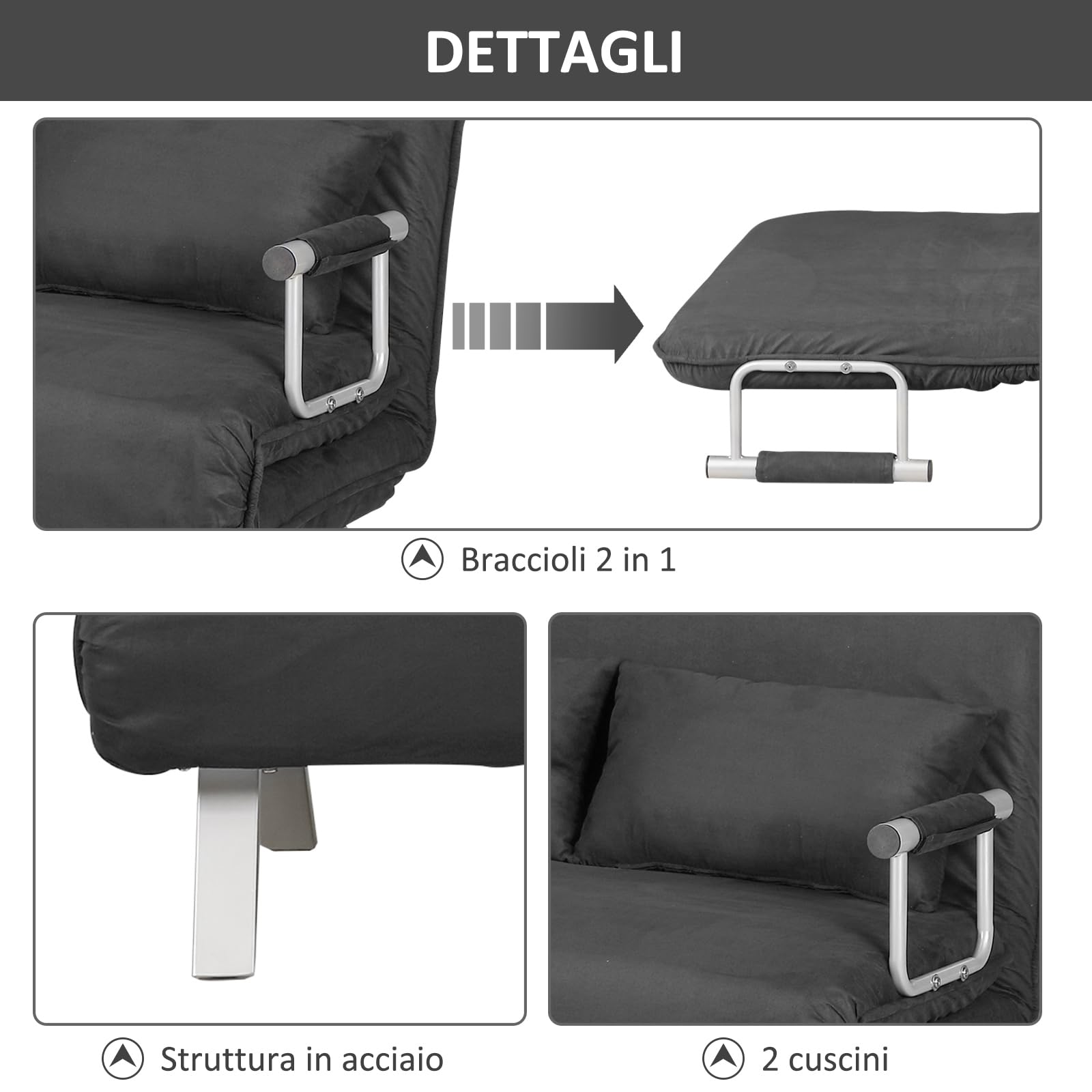 HOMCOM Divano Letto 2 Posti 3 in 1 in Pelle Scamosciata Sintetica con Schienale Regolabile in 5 Posizioni, Divano 2 Posti con 2 Cuscini, Seduta Imbottita, 111x80x78 cm, per Soggiorno, Grigio