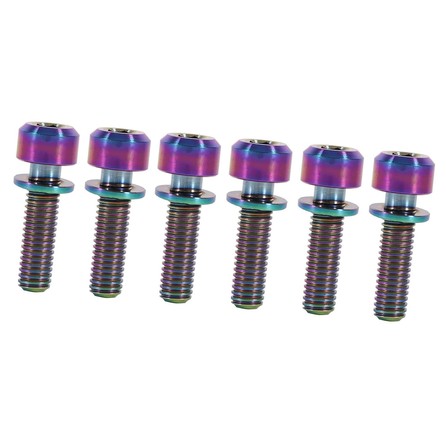 Bike Stem Bolt, Alloy Hex Tapered with Rainbow Washers, Bicycle Headset Screw 6Pcs Oil Slick Finish for Road Mountain Cyclists in Assembly Maintenance Upgrades