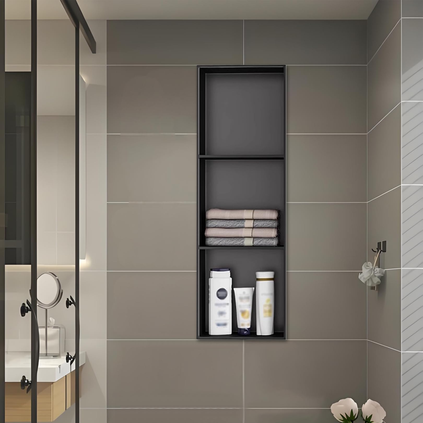 Étagère de douche encastrée noir mat en acier inoxydable sans carrelage pour salle de bain