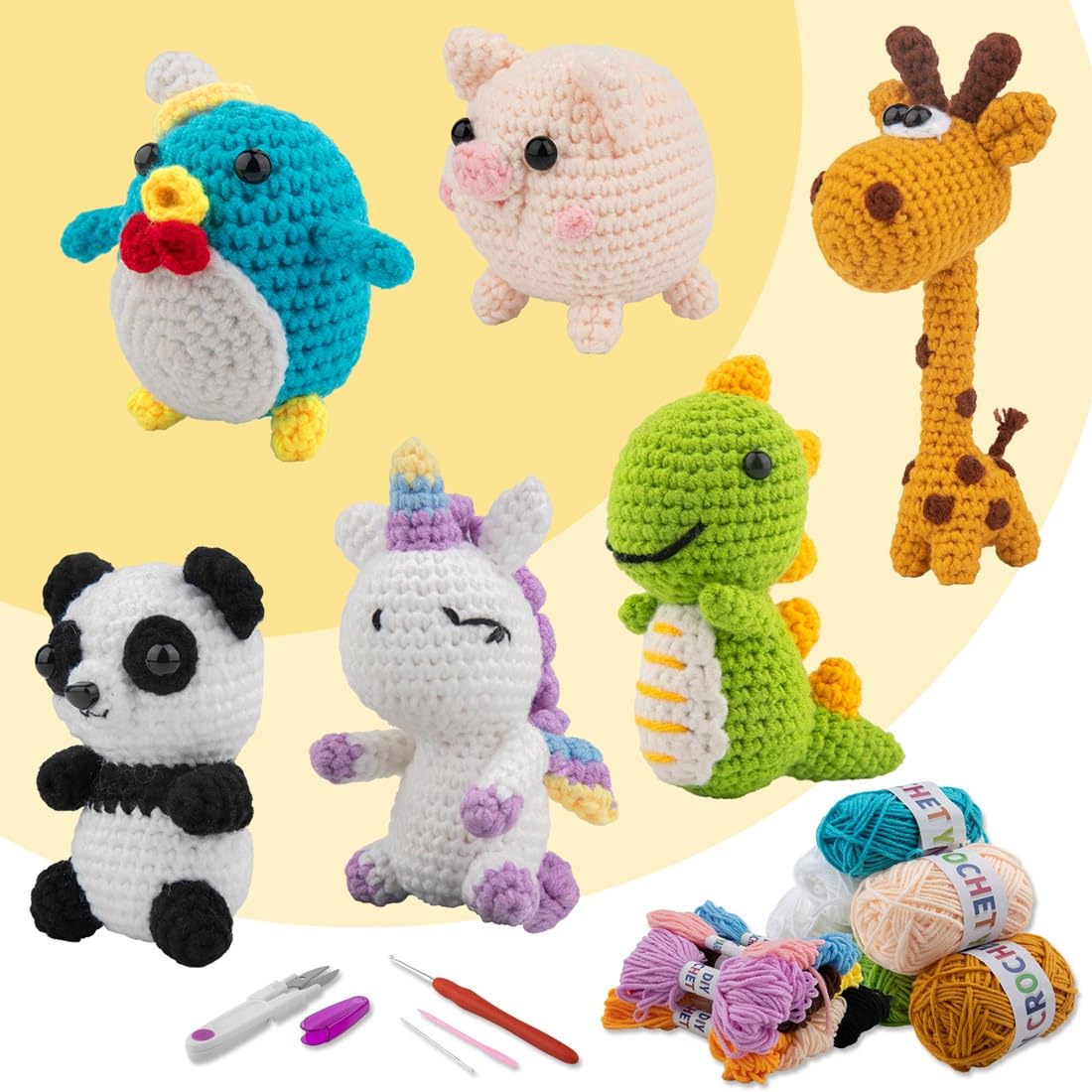 Kit de ganchillo de 6 piezas para principiantes, kits de animales de ganchillo, kit de tejer para niños y adultos con tutoriales de videos paso a paso, kit de tejer para niños, gran regalo de