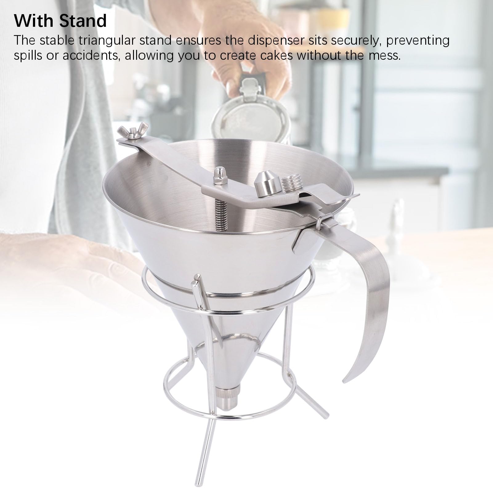 Dispenser per pancake in acciaio inossidabile Imbuto da kucina a pistone Imbuto per dolciumi con supporto Utensile da forno per cupcake, waffle, preparati per muffin, crepes,