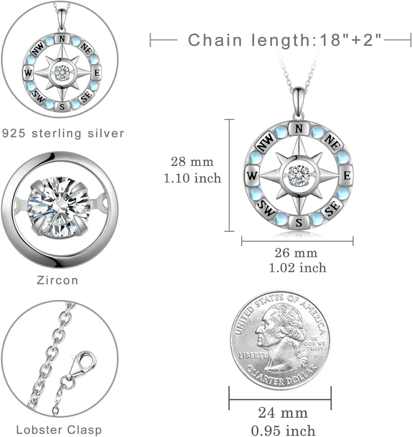 Compass Necklace for Women 925 Sterling Silver Compass Jewelry Sparkling Pendant Graduation Gifts for Her Wedding Anniversary Birthday Gifts - Image 6