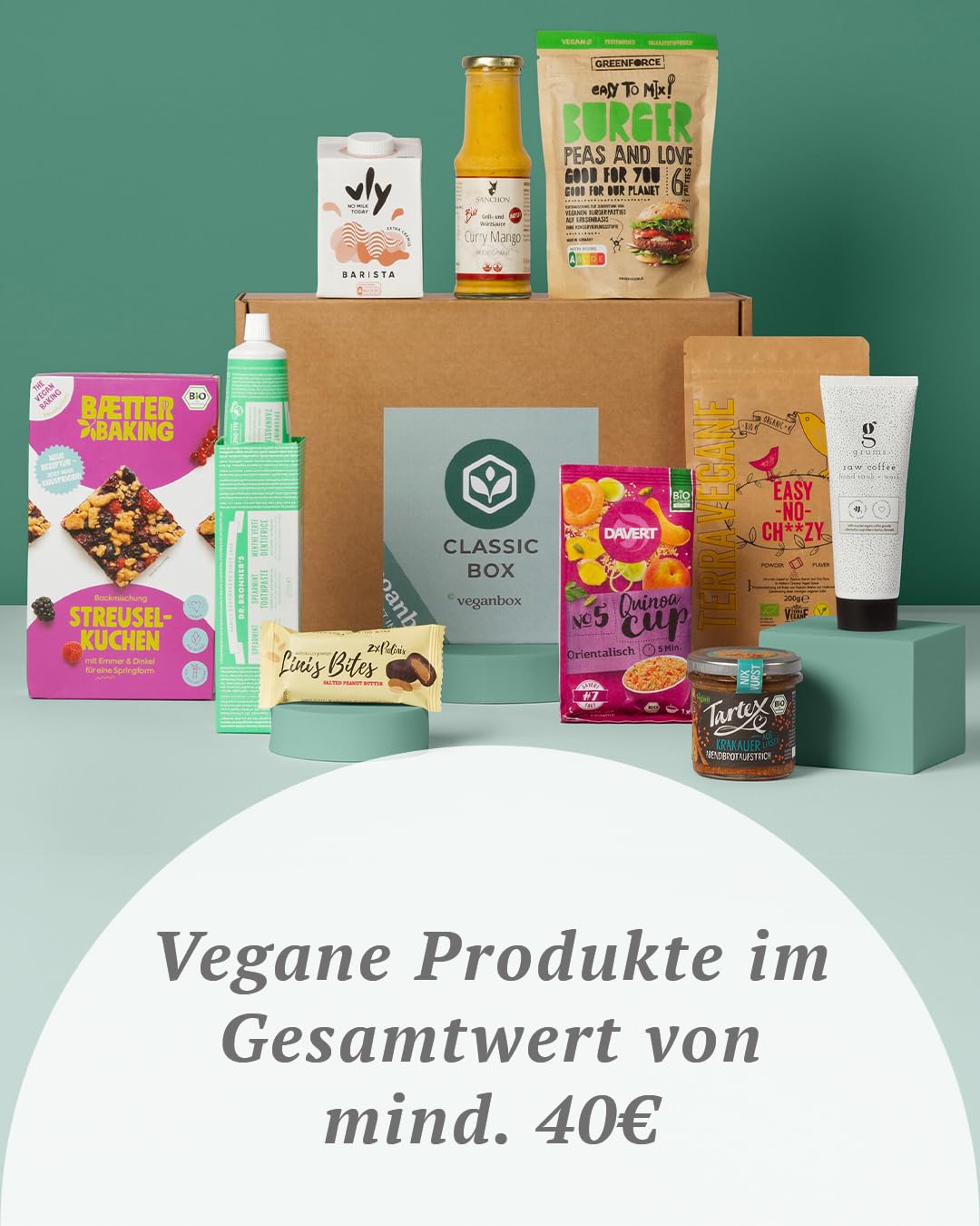 Vegan Box Geschenkbox Classic vegane Lebensmittel Kosmetik Snacks Süßigkeiten 9 Produkte