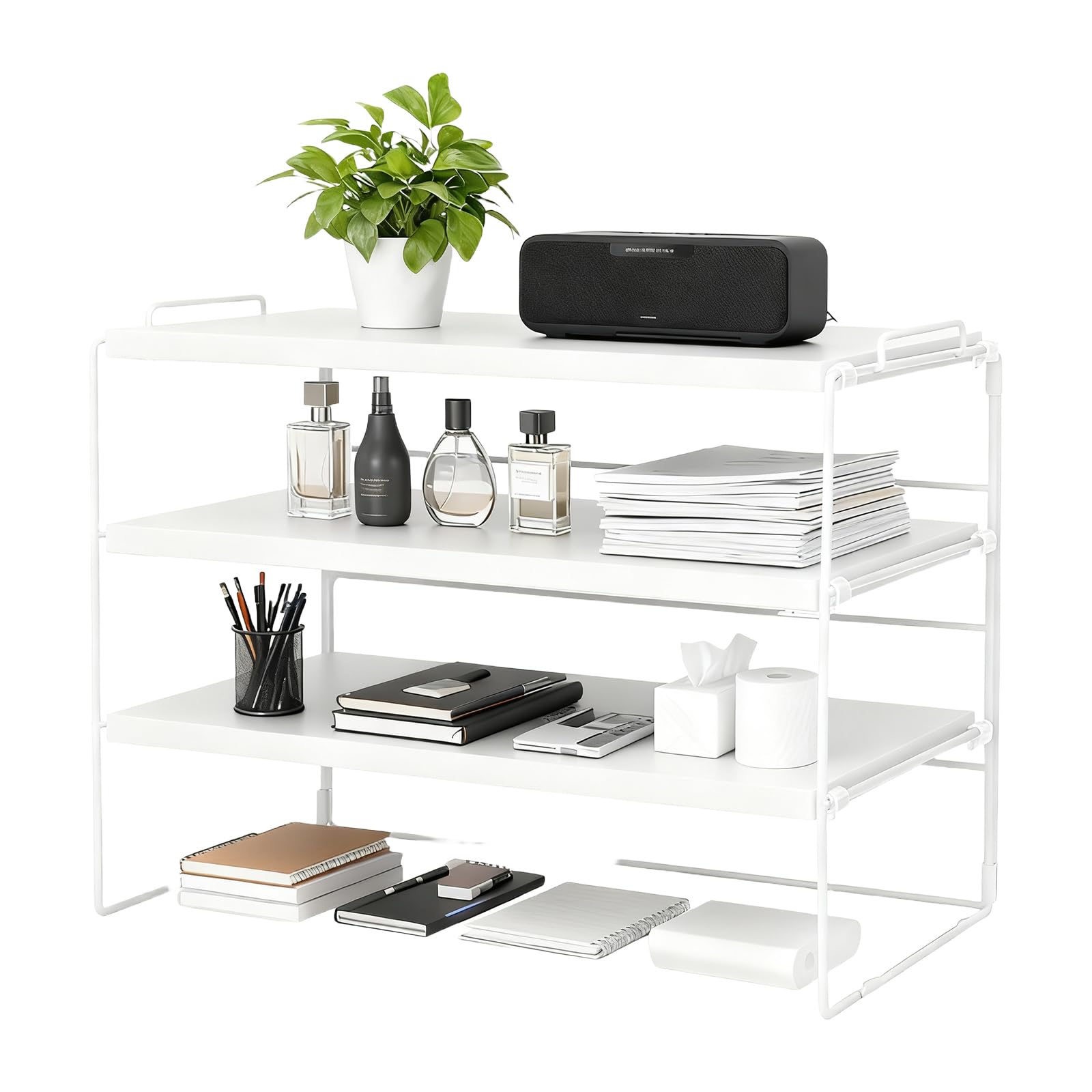 powerking Desk Shelf Organiser, Desktop Display Shelf for Figures, Adjustable Bookshelf Storage Rack and Office Cubicle Decor for Tabletop, Office, Dorm (White, 3 Tier)