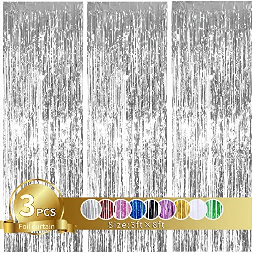 Image of 3Pcs Silver Metallic Tinsel Foil Fringe Curtains,3.2ft*8ft Silver Photo Booth Backdrop Streamer Curtain,Photo Booth Props,Ideal for Bachelorette,Birthday,Christmas,New Year Party Decorations