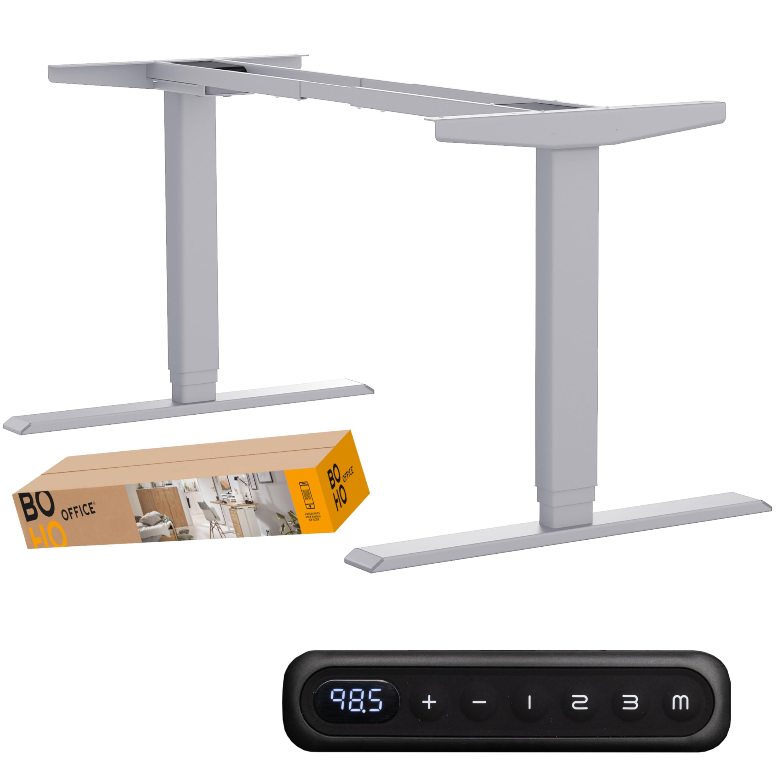 boho office Höhenverstellbarer Schreibtisch Gestell – Elektrisch stufenlos, inkl. Wireless Charger – Homedesk Silber
