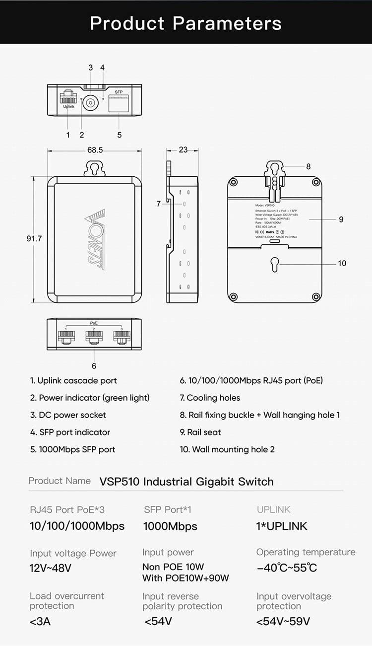 VONETS PoE Gigabit Ethernet Réseau Switch RJ45 Splitter Extender 10/100/1000M 3PoE +1 SFP+1 Liaison montante 5 ports Métal Universel