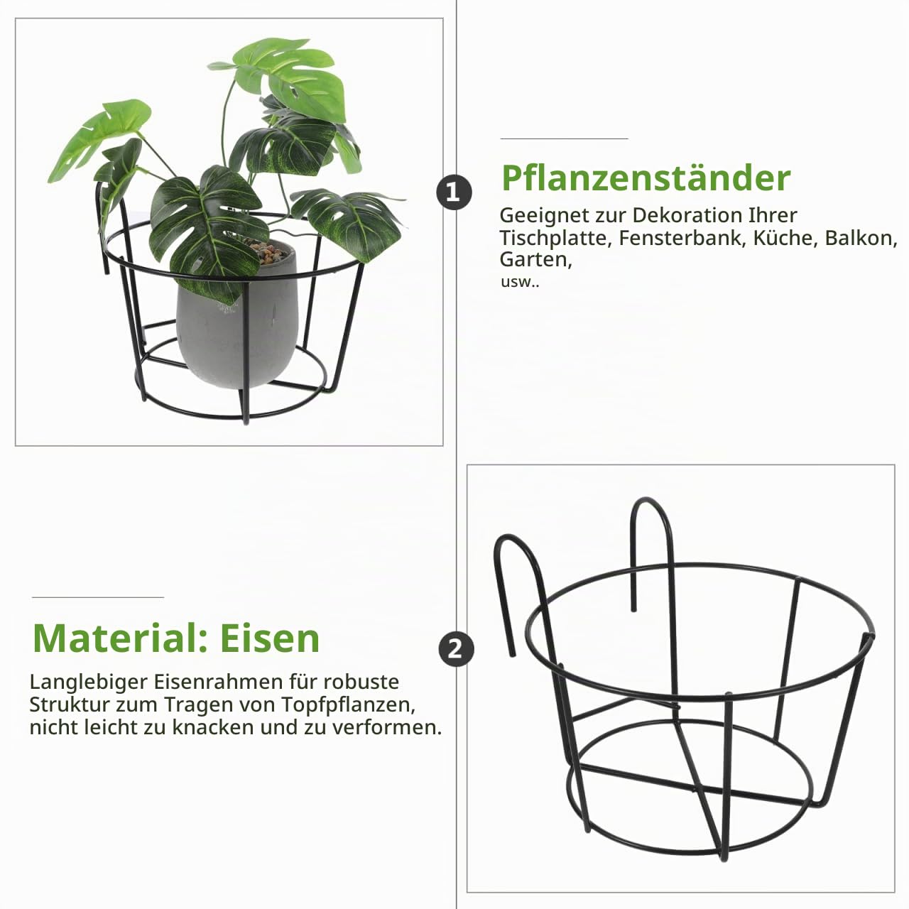 YARNOW 2er Set Blumentopfhalter Hängend für Balkon Geländer Metall Pflanzkorb Schwarz Eisen Pflanzenhalter mit Haken für Zaun Garten Blumenständer Großer Hängekorb für Außen und Innen