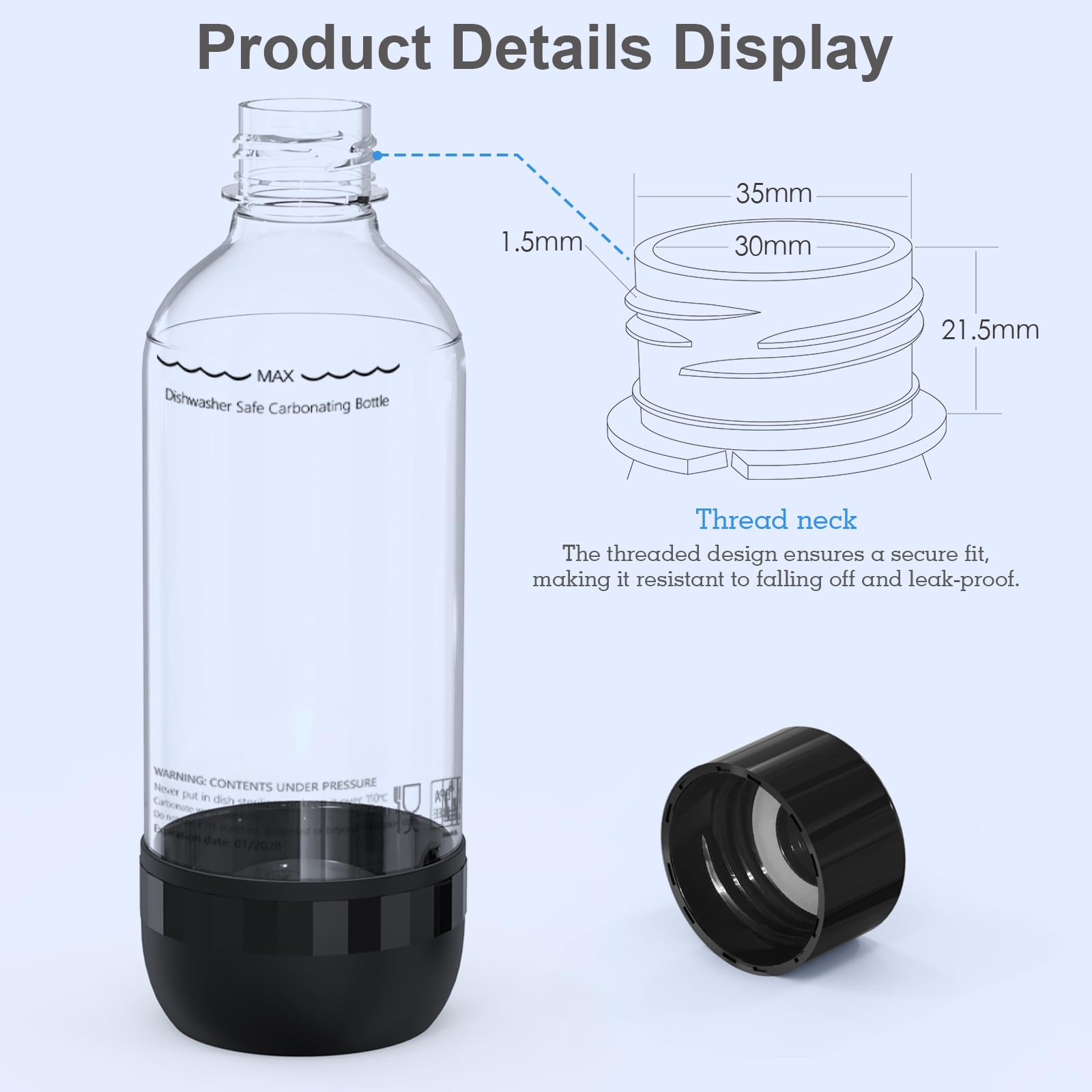 Thorder Pack De 2 Bouteilles D'eau Pétillante 1L (PCTG), Résiste à 110°C, Sans BPA, Lavable Au Lave-vaisselle, Compatible Soda Maker, Maison & Voyage – Noir