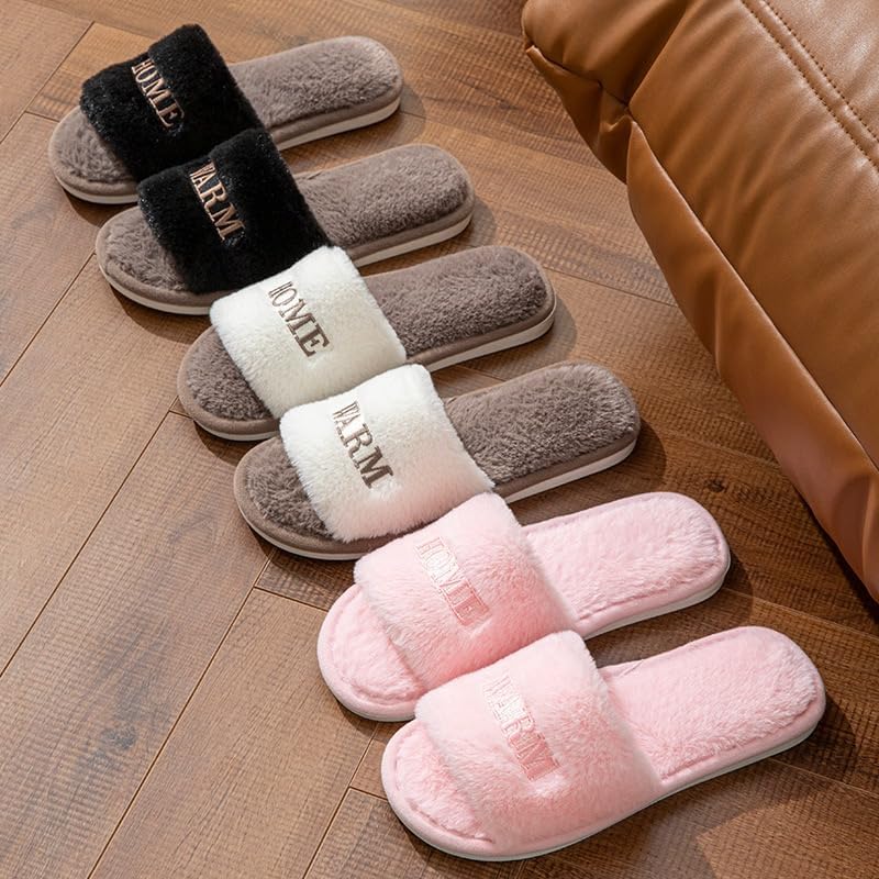 Women’s Fuzzy Open-Toe House Slippers, Soft Indoor Slides, Cozy Plush Home Shoes with Anti-Slip Sole for Bedroom, Living Room;Pink - Image 3