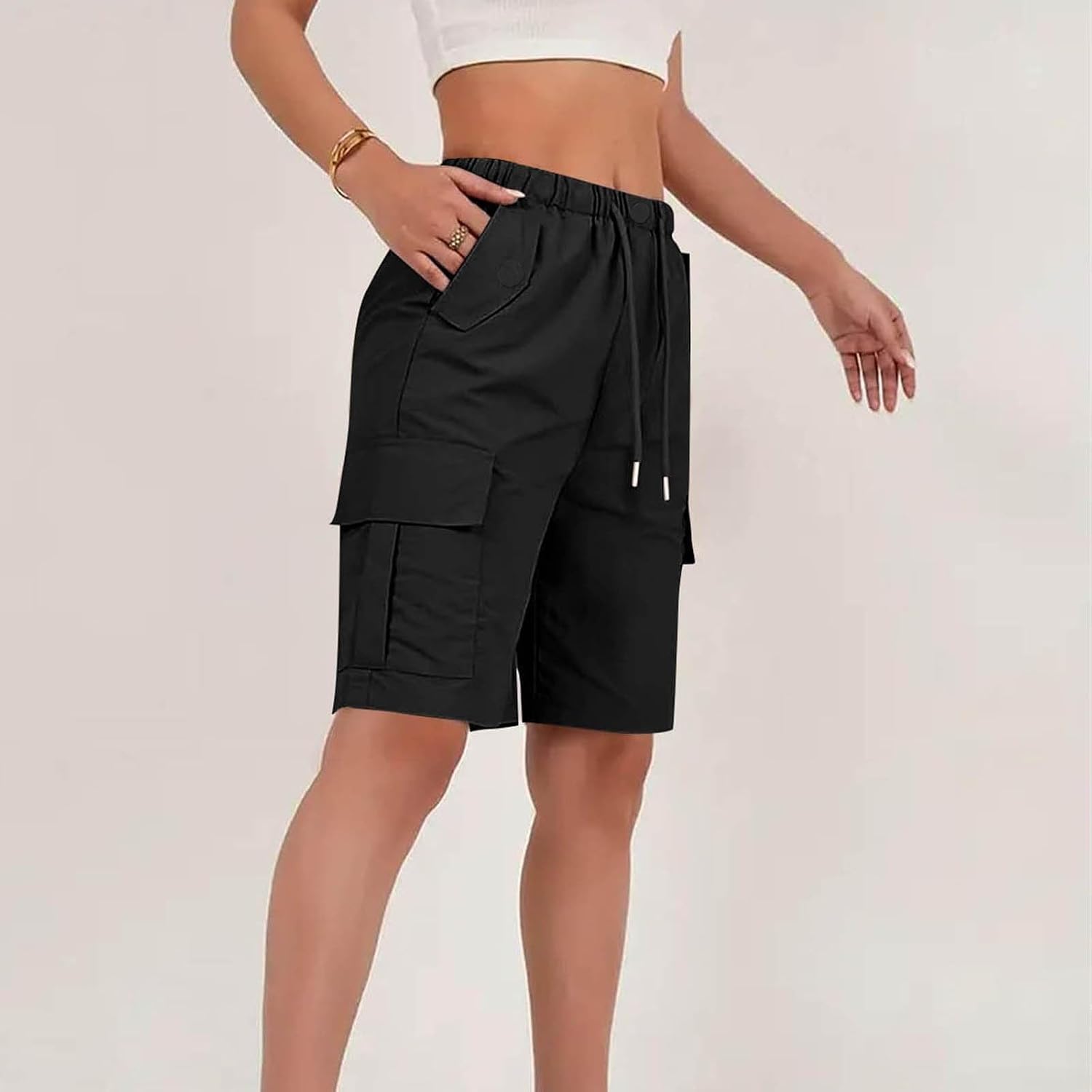 Bermuda Cargo Shorts for Women Knee Length Summer Outdoor Hiking Travel Quick Dry Drawstring Shorts with 4 Pockets