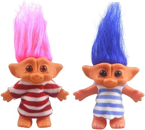 Juego de 2 muñecas Troll vintage, retro, cromáticas, adorables para colecciones, proyectos escolares, artes y manualidades, recuerdos de fiesta, 7.5