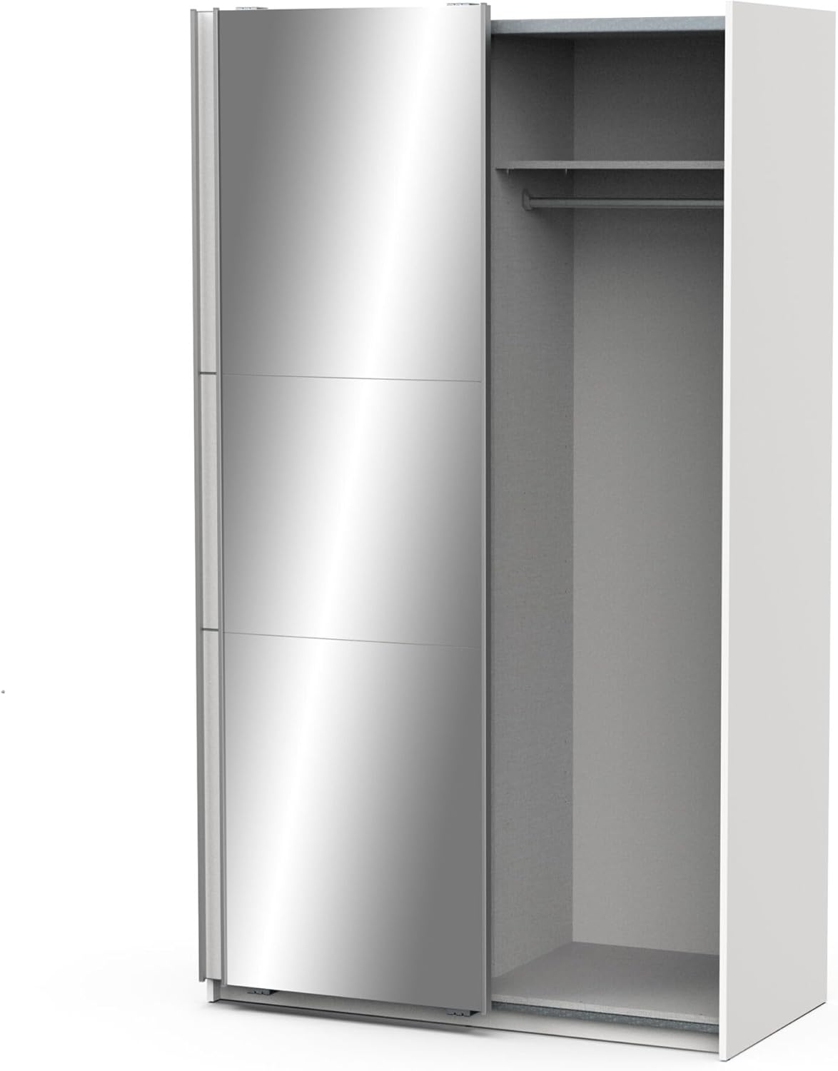 Интерьер view of the Demeyere 190008 wardrobe with one sliding door open, showing shelves and hanging rail