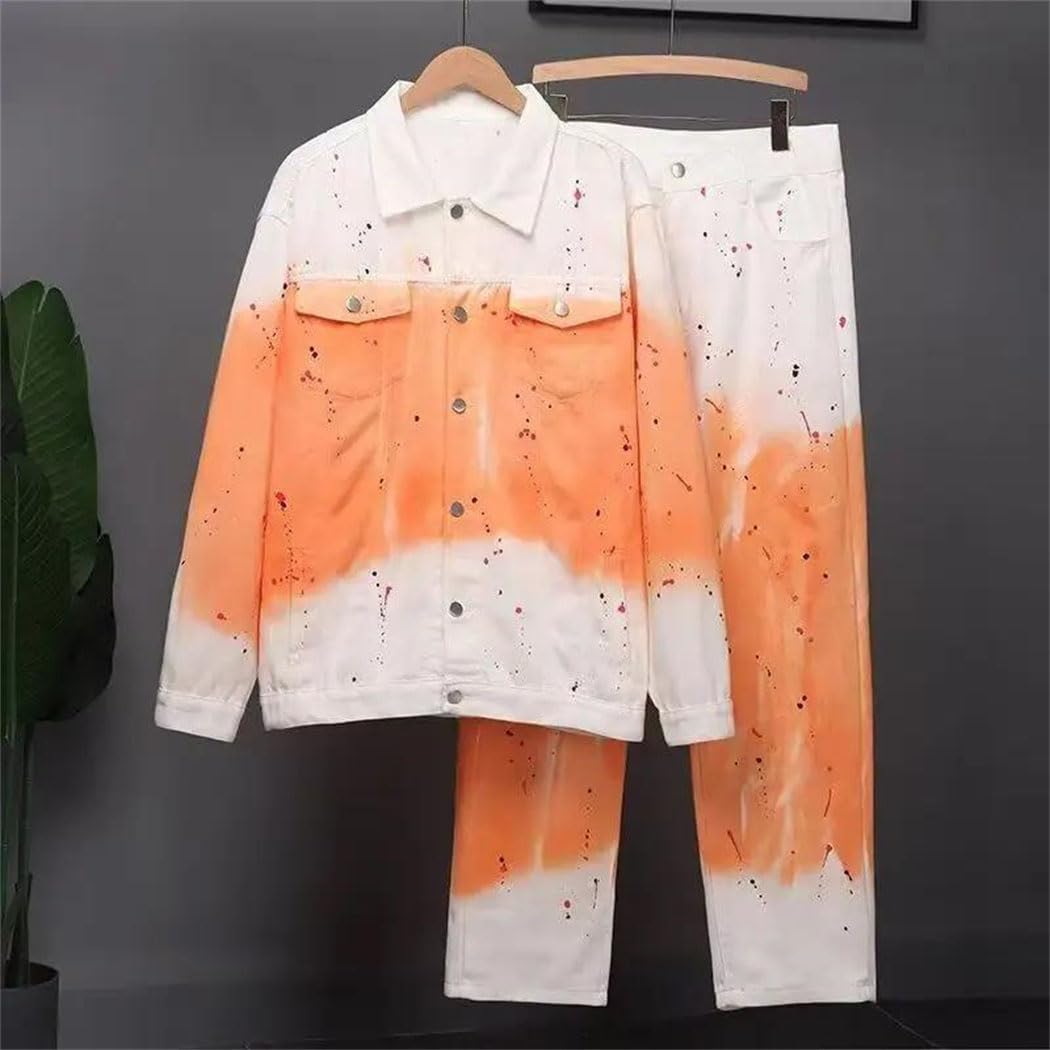 Men's Denim Jacket Jeans Two Piece Set Loose High Street Stylish Denim Jacket with Trousers