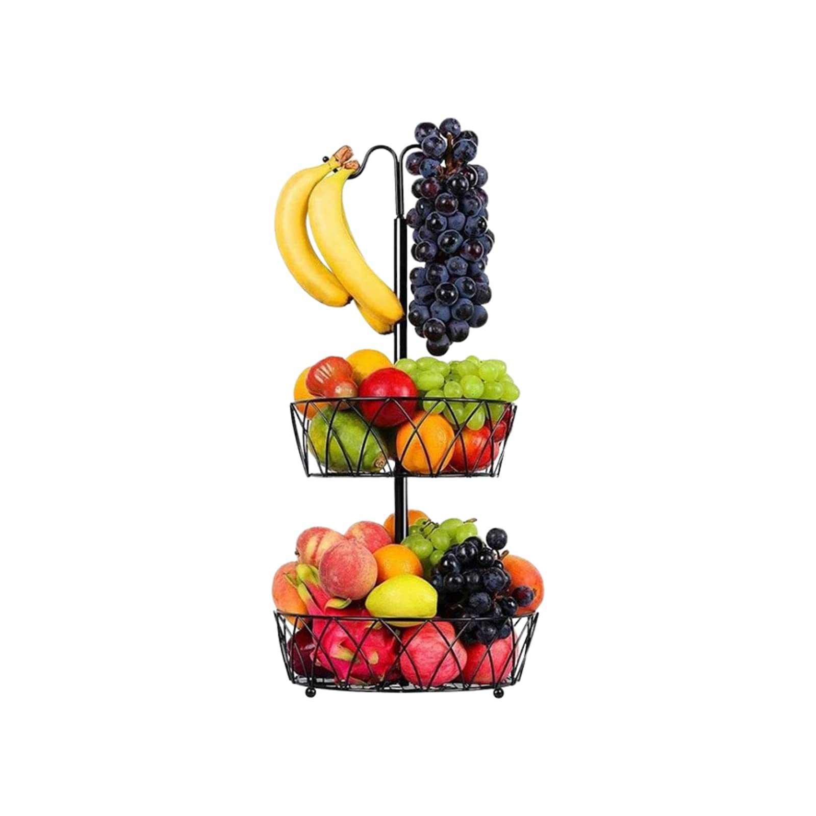 Cesta de Frutas de 2 Niveles con Colgador de Plátano, Alambre de Metal, Cesta de Almacenamiento de Frutas Y Verduras, Soporte Organizador de Frutas Extraíble, Soporte Grande para Cuencos de(A)