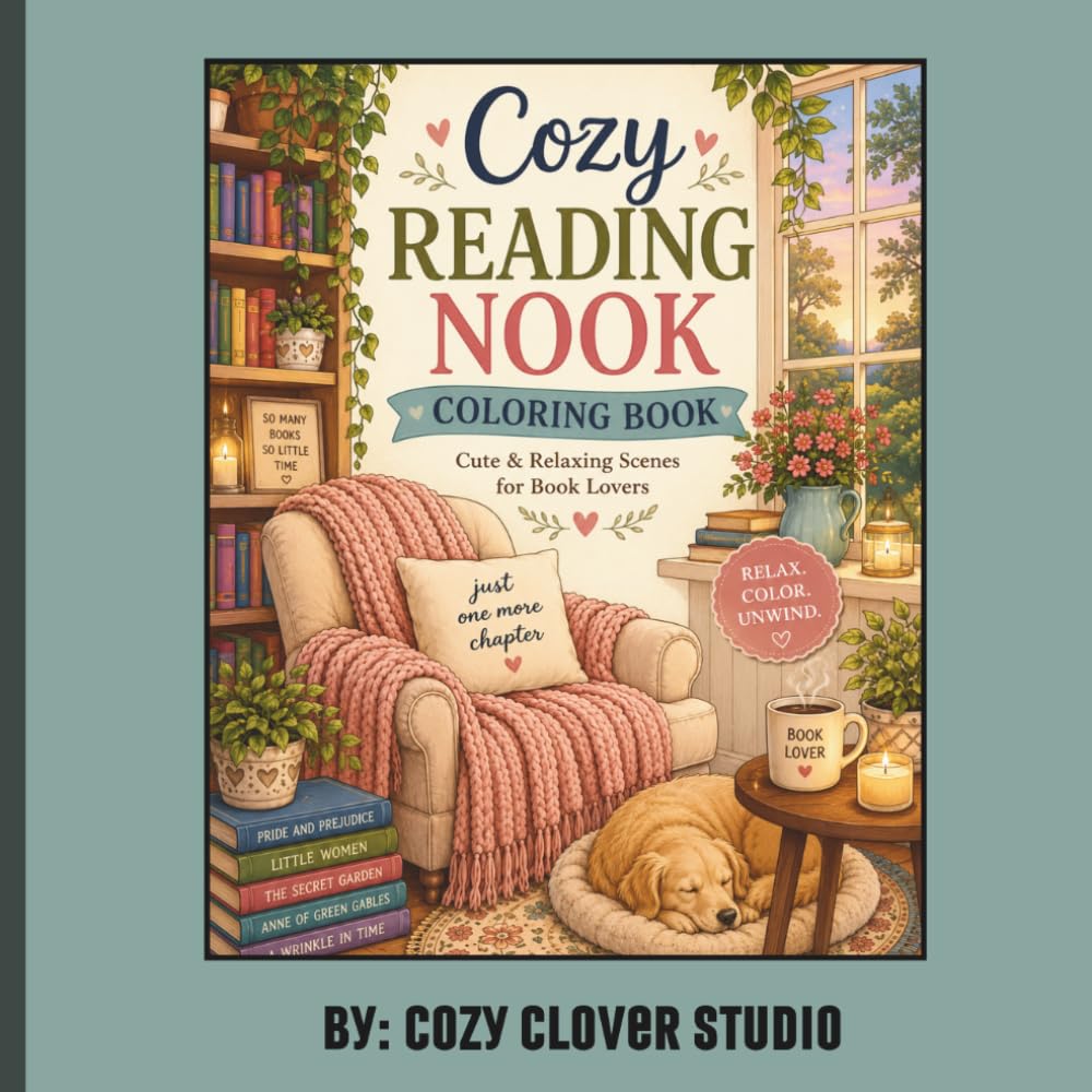 Cozy Reading Nook Coloring Book: Stress Relieving Coloring Book for Adults with Cozy Reading Rooms, Book Cafés, Window Seats, Libraries, and Charming Bookish Escapes