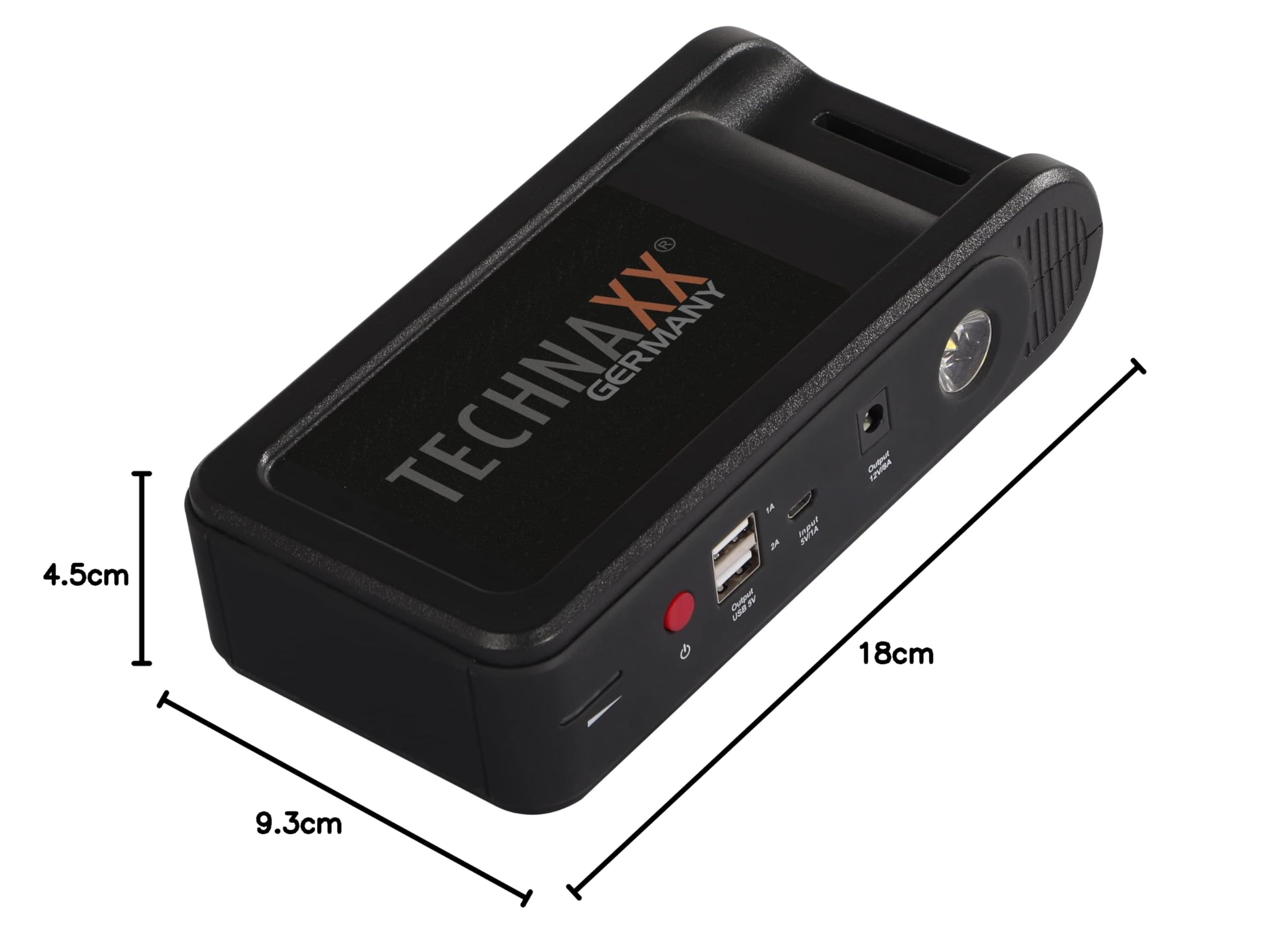 Set di avviamento della batteria auto da 12000 mAh Technaxx (benzina fino a 4,0L / diesel fino a 2,5L) con power bank TX-218 - Dispositivo di avviamento portatile con 2 porte di ricarica USB-A