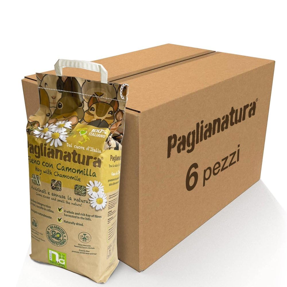 Paglianatura Kit de 6 Bolsas de heno Natural de 1300 g y manzanilla, alimento para Conejos, cobayas y roedores, Rico en Fibra, calmante y digestivo
