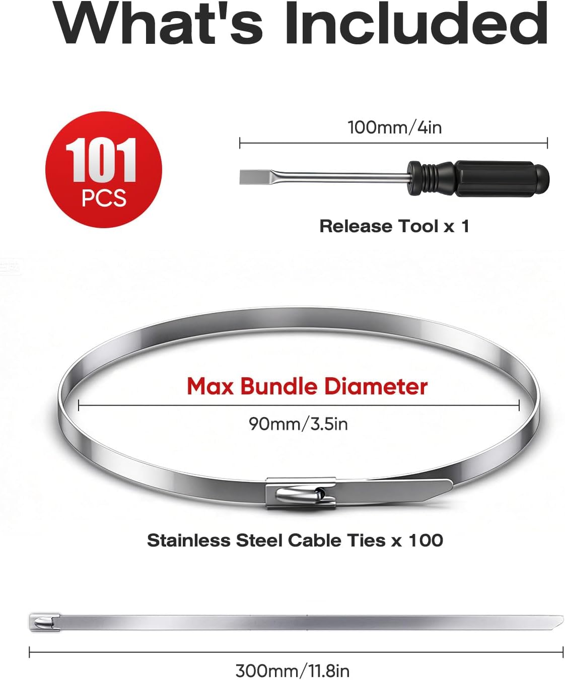 101PCS Metal Zip Ties Kit, 100PCS 11.8 Inch 304 Stainless Steel Heavy-Duty Self-Locking Cable Ties with Release Screwdriver, Reusable for Exhaust Wrap, Fence, Pipe and Outdoor Use