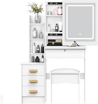 Dressing Table, LED Lights with Adjustable Brightness, Vanity Table with Mirror, 4 Drawers and 6 Shelves, Makeup Table with-Mirror and Stool, Makeup Desk Modern Bedroom Dressing Tables with-LED Light