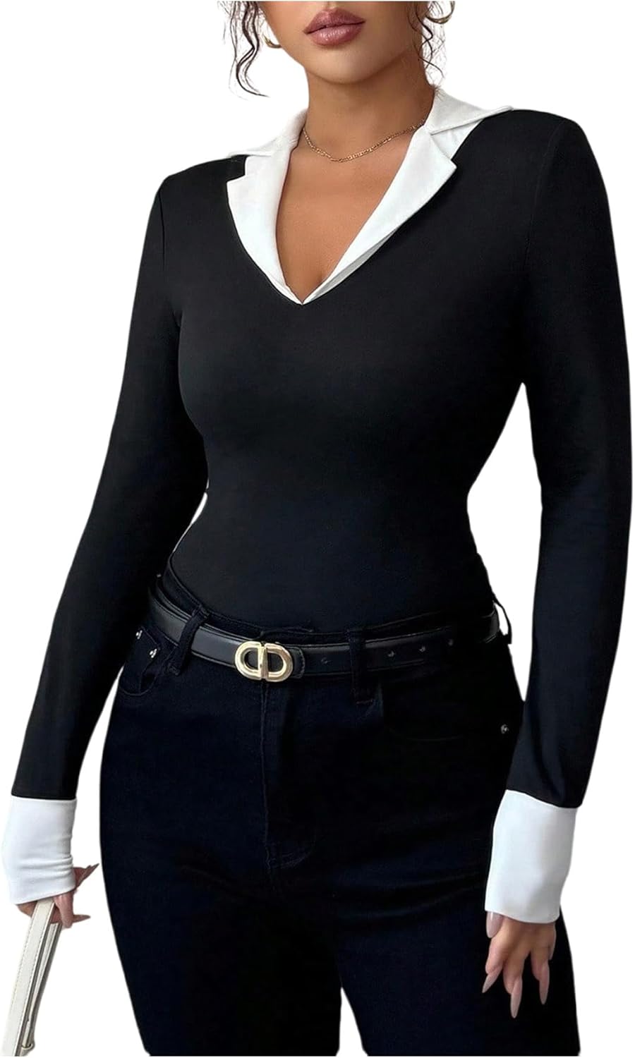 SweatyRocks Women's 2 in 1 Collared V Neck T Shirts Business Casual Long Sleeve Fitted Fall Tees