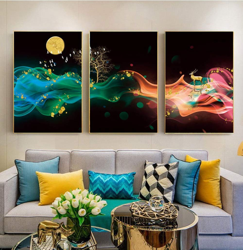 Classic Mural Nordic style living room bedroom bedside north golden abstract deer background wall painting triplet cosmetic painting core Top Grade Mural (Size : L)