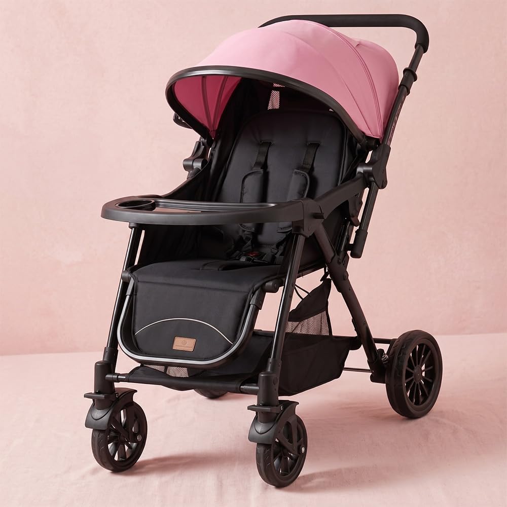 StarAndDaisy Foldable Baby Stroller for 0-36 months Infant & Toddler / Travel Pram for Baby with Storage basket & Lockable Wheels, Multi-Level Recline & Adjustable Footrest , Removable Tray , Safety Harness Belt -Pink-image-21