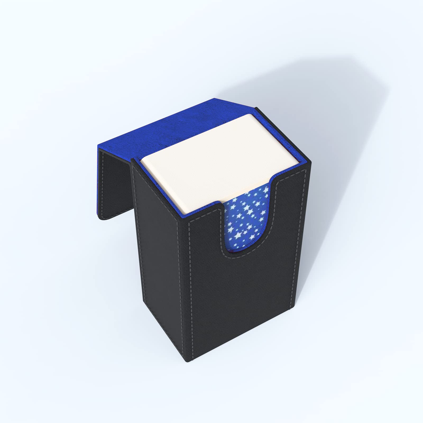 Czarne etui na karty tarota z niebieskim wnętrzem; składane etui na karty tarota z magnetycznym zamknięciem pokrywy; pasuje do standardowej talii kart tarota; uchwyt mierzy standardowy