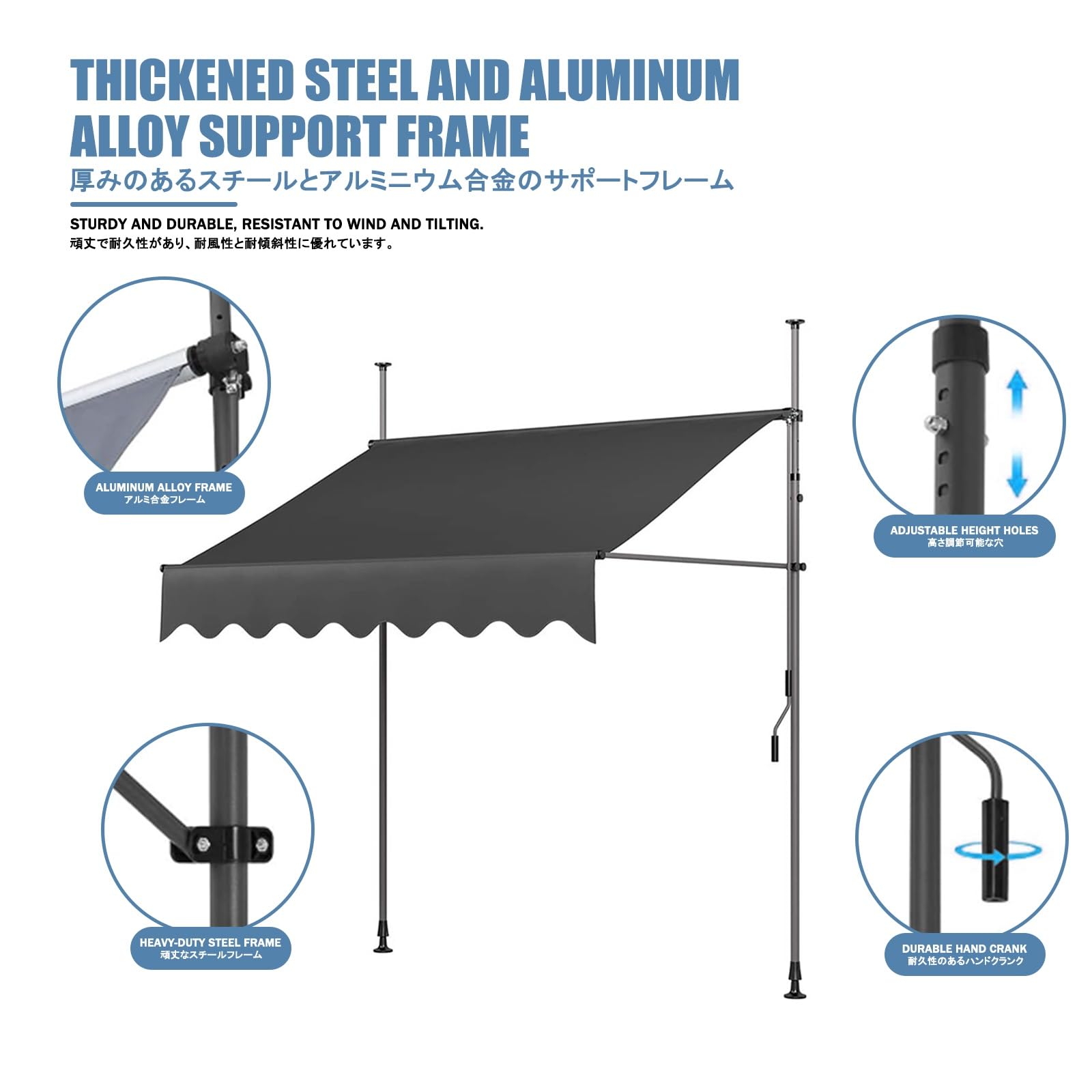 Ausziehbare Terrassen-Abdeckung mit manueller Kurbel, Outdoor-Sonnenblende für Veranden, Gärten und Balkone, bläulich-weiß, 100 cm