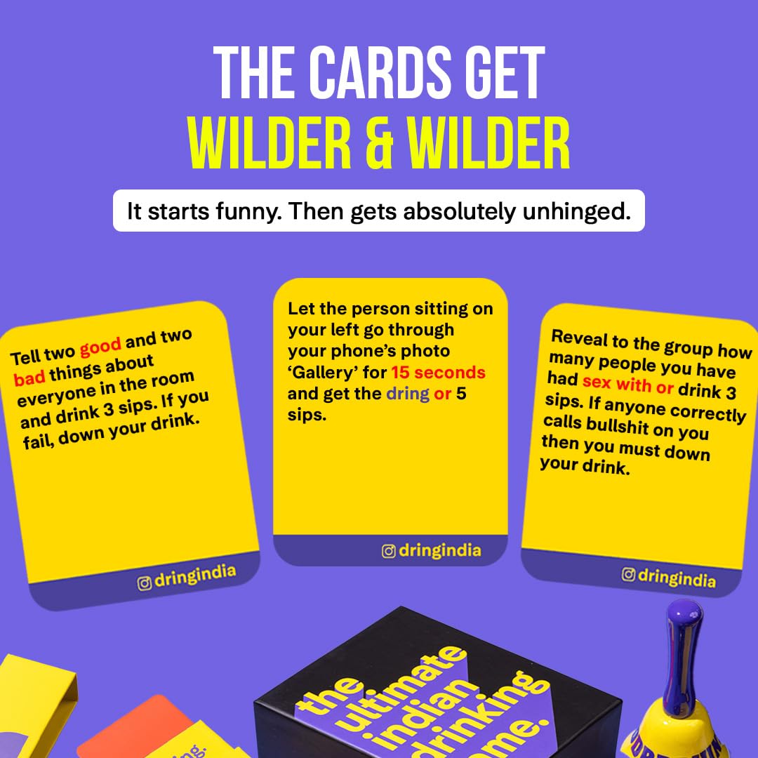 Dring The Ultimate Indian Drinking Game - India's #1 House Party Game | 55 Cards + Bell, Adult, 3-12 Players | Truth Or Dare | Crazy Drinking Card Game for Friends | Perfect for Birthdays & Bachelors! 4