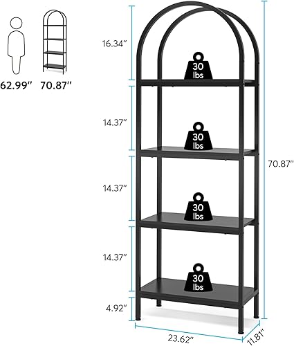 Miniatura 3 de LITTLE TREE Estantería arqueada de 4 niveles, estantes de almacenamiento abiertos altos, estante de exhibición independiente de metal de madera para