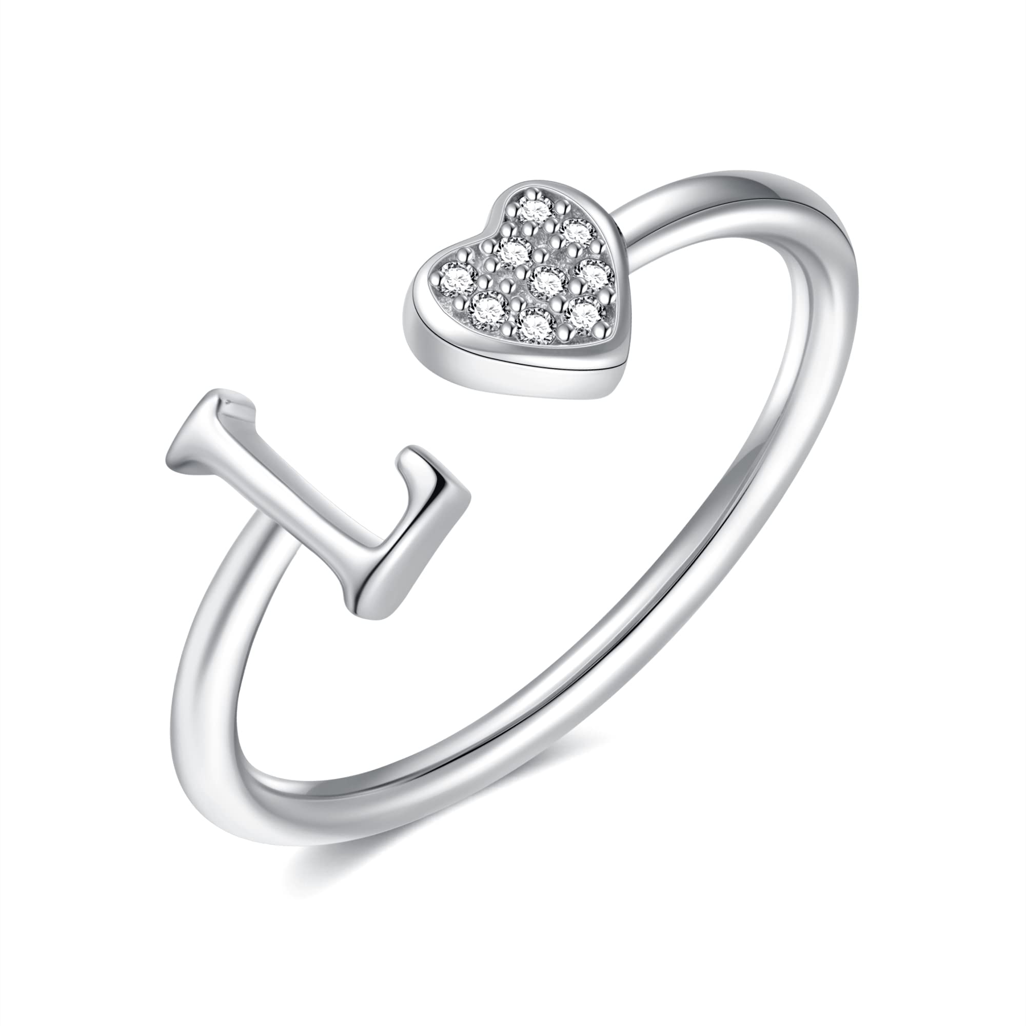 Anillos de plata de ley S925 para mujer, plata de ley con corazón rosa con inicial A-Z, anillos de corazón ajustables para mujer, anillos apilables del alfabeto para mujer, anillos de