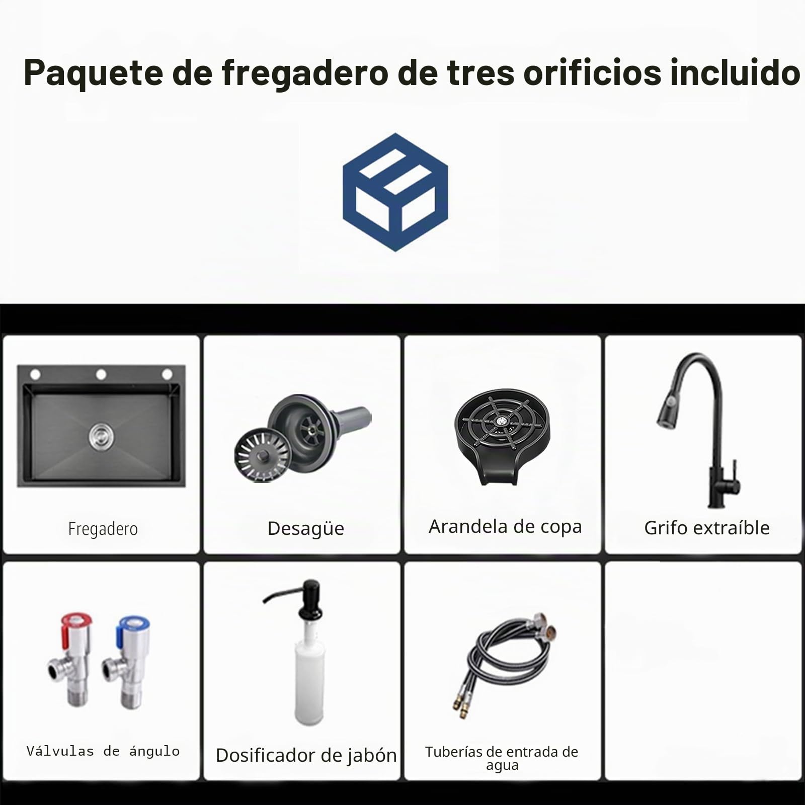 Fregadero de Acero Inoxidable Negro de Tres Agujeros, 80 x 50 cm, Fregadero de Cocina Utilitario, Tazón Único con Dispensador de Jabón, Grifo, Adecuado para Cocina, Bar y Uso al Aire Libre