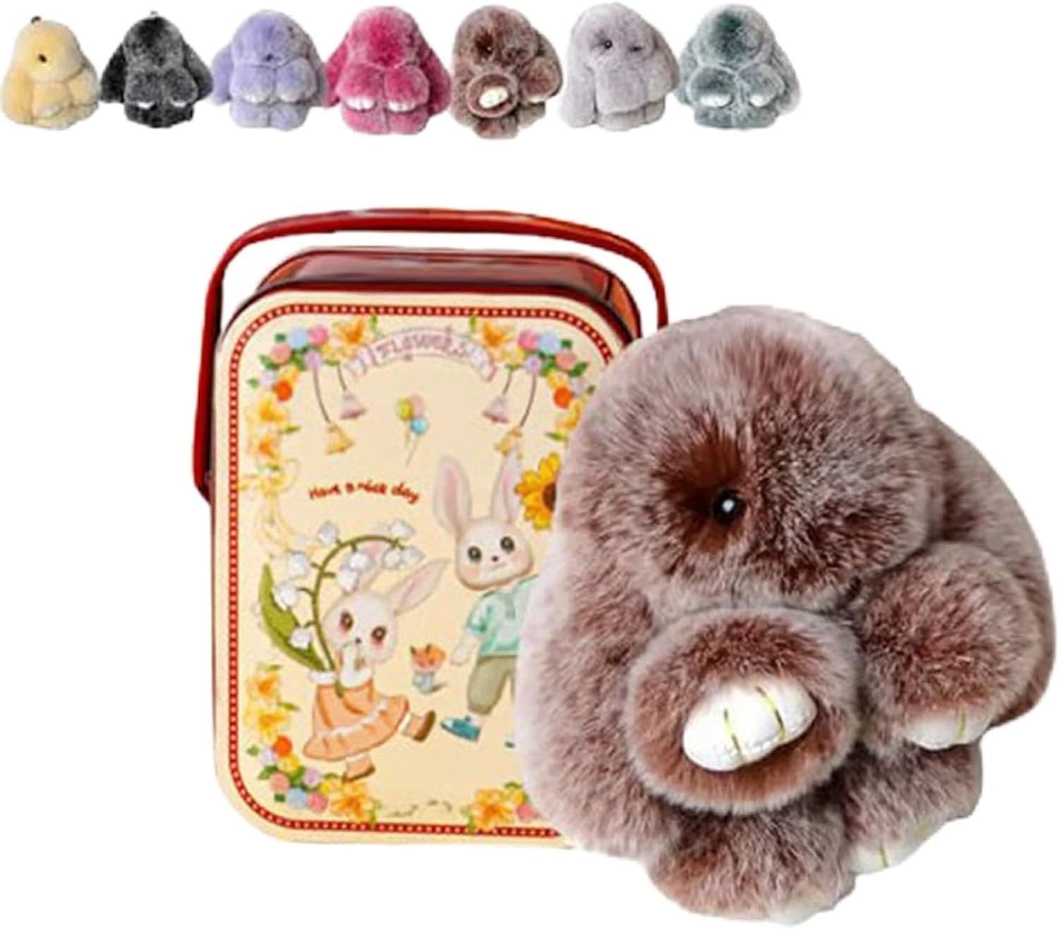 XIUNYIE Easter Bunny Plush Keychain in Iron Gift Tin, Fluffy Rabbit Keyring Kawaii Soft Furry Pendant for Handbag or Backpack Cute Decorative Charm, Birthday Christmas, #H