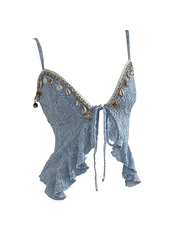 Women's Western Boho Lace Tie Front Top Sapghetti Strap Ruffle