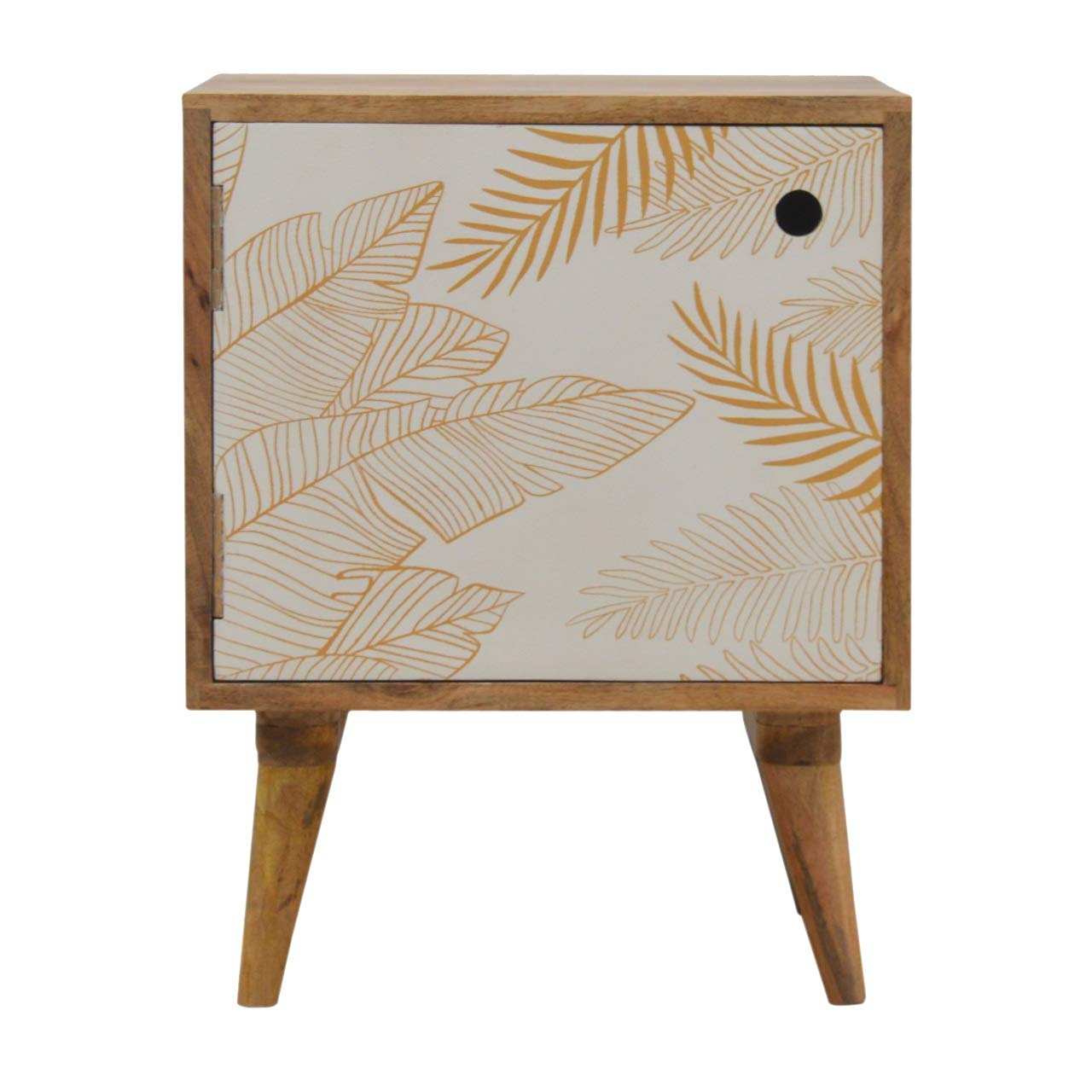 Artisan Furniture Leaf Screen-Printed Door Front Bedside with Cut-Out Slot Cabinet, Mango Wood, White & Gold Painted/Oak-ish, Single, Side Table