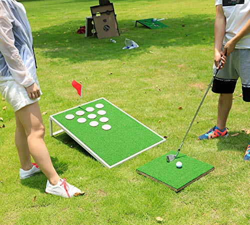 OOFIT Golf Cornhole Meet Pong Chipping Target Game Set with Chipping Mats, White - Thumbnail 4