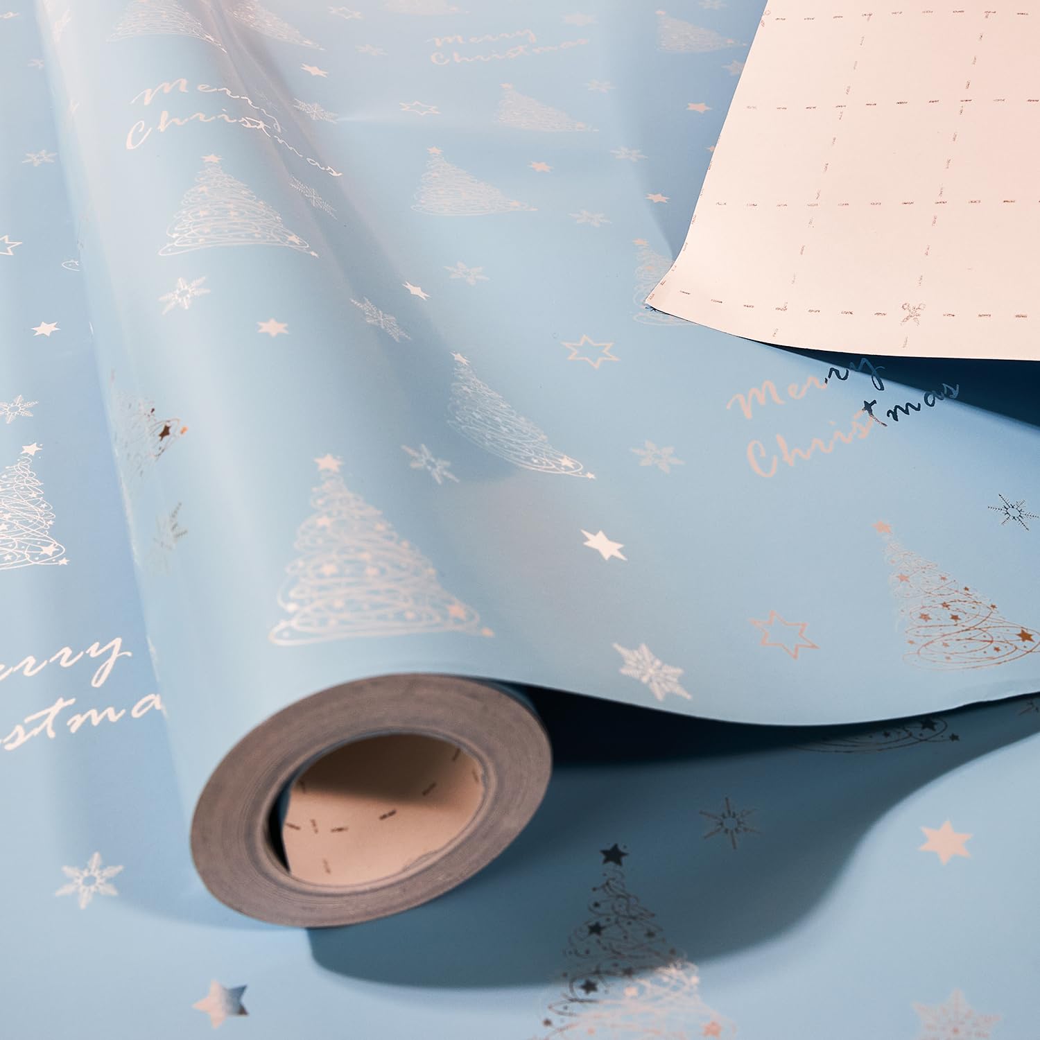 Christmas Wrapping Paper Roll,43cm x 10m Xmas Gift Wrapping Paper,Metallic Gift Wrap Paper with Snowflake Xmas Tree Pattens for Christmas,Party,Festive Decorations (blue) â image 1