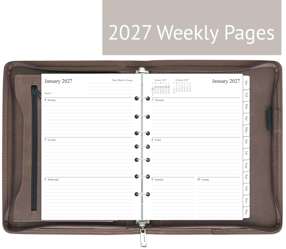 Fan&Ran 2026 Terminplaner mit Reißverschluss, 7-Ring-Mini-Binder mit Wocheneinlagen (Jan – Dezember 2026), Schreibtischgröße, Vintagebraun