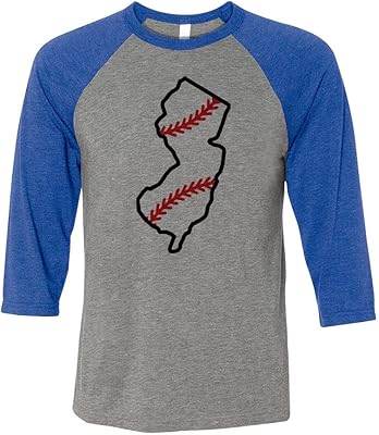 TeesAndTankYou State Shape Baseball New Jersey Three-Quarter Raglan Sleeve Baseball Shirt Unisex Small Grey/Royal