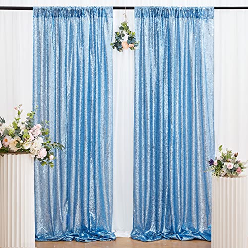 Baby Blue Sequin Backdrop Curatins 2 Pieces 2Ftx8Ft Party Photography Background Prom Drapes Wedding Baby Shower Backdrops #TOP14