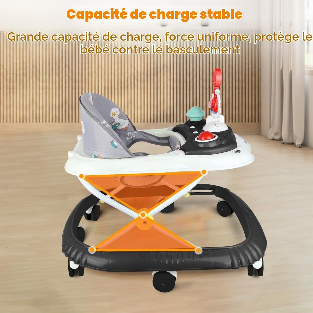 OHMG Trotteur Bébé Fille Garçon 6-18 Mois,Trotteur Marche Bébé Evolutif 3 en 1,Pousseur Pliable avec Lumière et Musique,Hauteur Réglable en 4 Positions,Coussin Amovible,Charge15KG