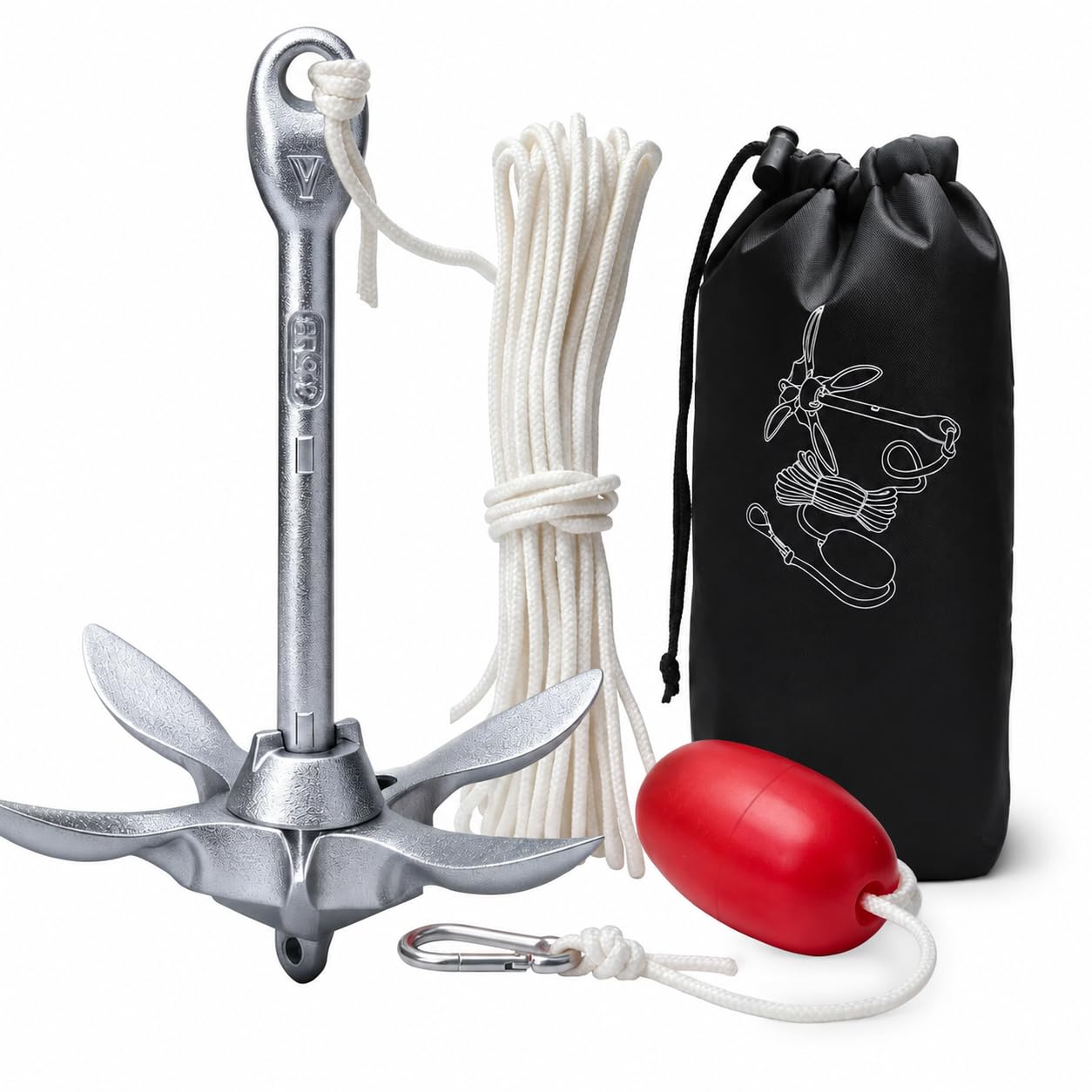 Klappanker 1,5 kg, Bootsanker Set, SUP Anker 20 m Leine, Faltbarer Boot Anker Kajak Kanu Schlauchboot Jetski, Karbonstahl Feuerverzinkt, mit Boje und Tasche