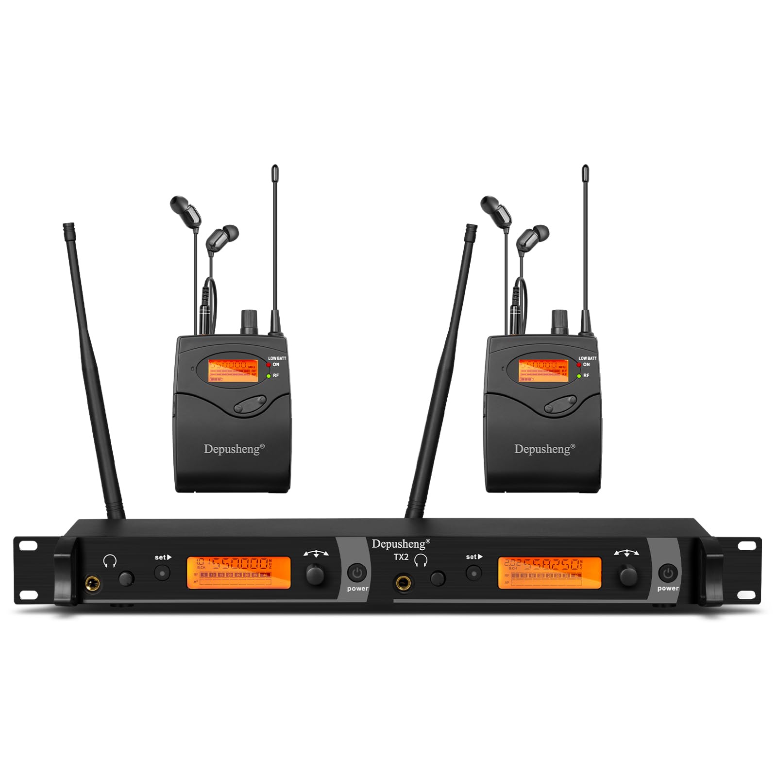 DEPUSHENG TX2 Wireless in Ear Monitor System, 2-Channel Wireless IEM System, Metal IEM w/ 2 Bodypacks, Rack Mount