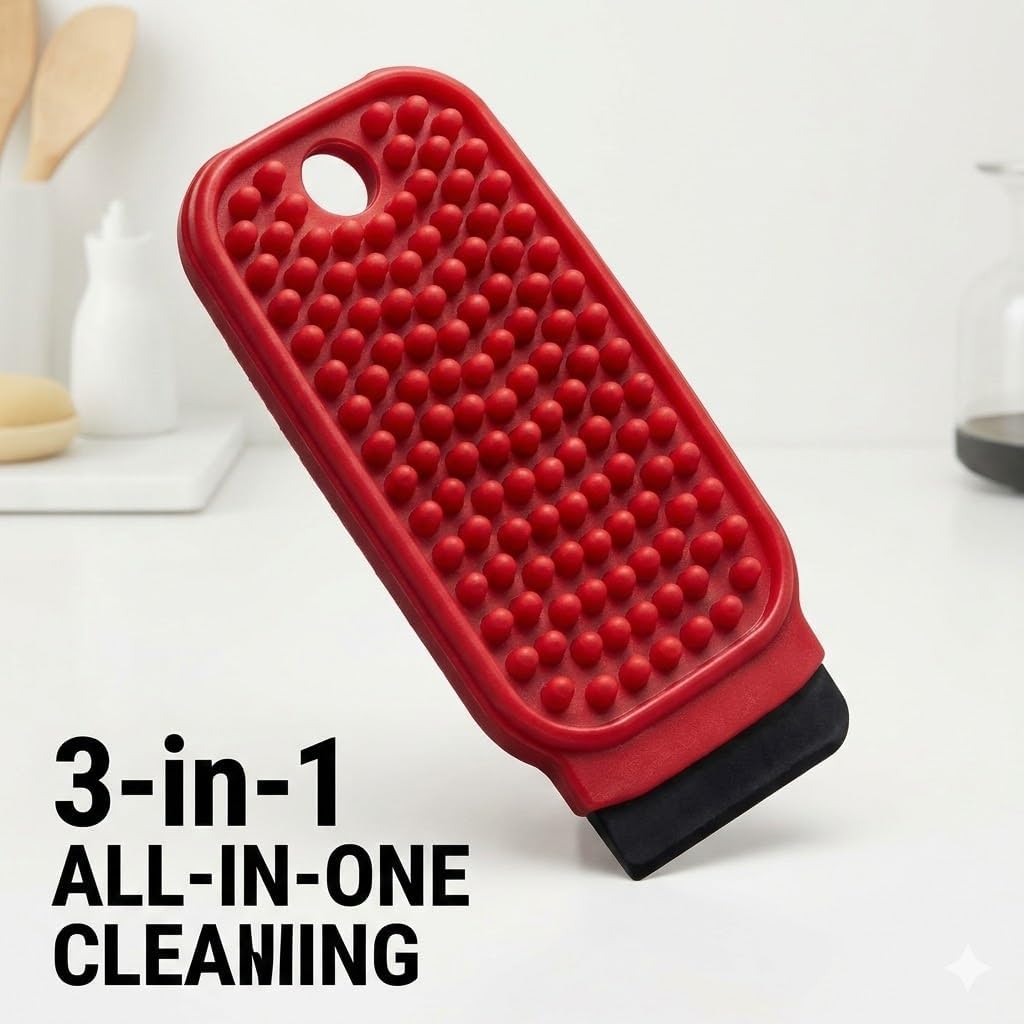 3-in-1 Silicone Dish Sponge - BPA-Free Food-Grade Cleaning Brush with Dual-Sided Scrubber & Scraper, Hanging Hole Fast-Dry Reusable for Dishes/Fruits/Vegetables (Red 1PCS)