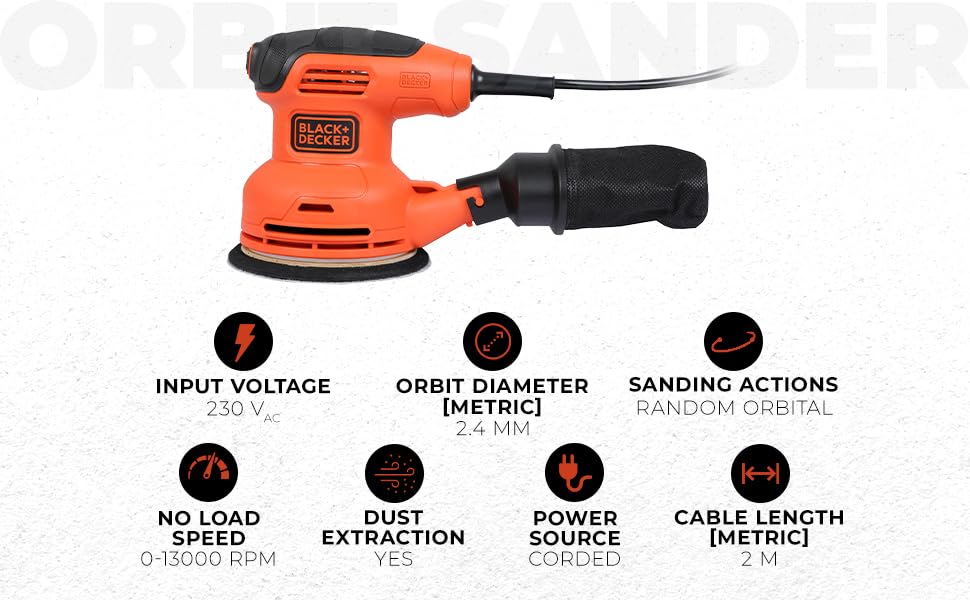 Image of BLACK+DECKER BEW210-QS, 230W, 0-13000 RPM, 4-in-1 Corded Electric Multi-Sander With 2 Orbital Bases, 2 Metre Cord, Finger Sanding Attachment and Sanding Sheets, Orange and Black, 1 Year Warranty