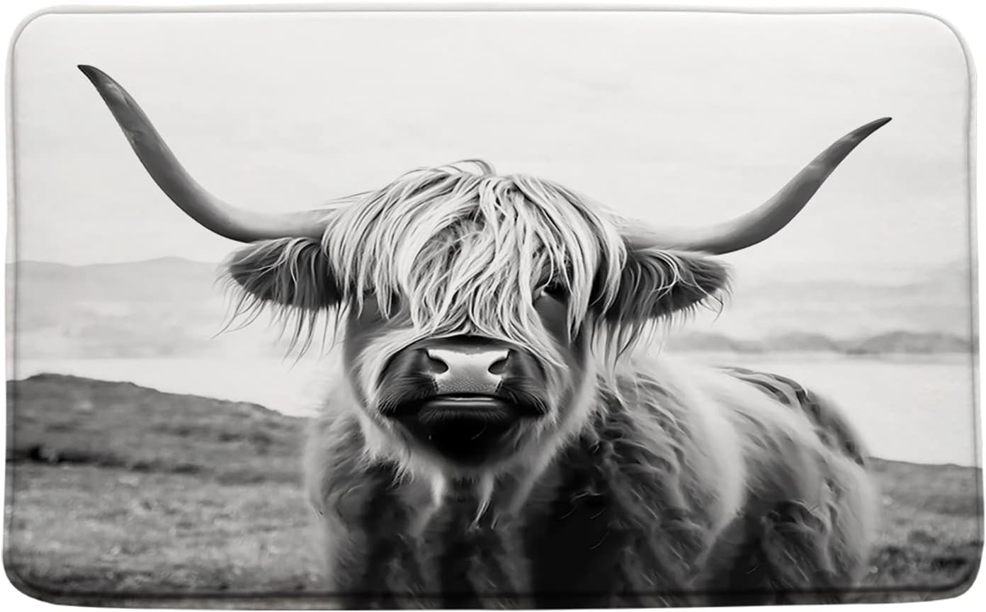 Sunhe Farmhouse Highland Cow Bath Mat Western Funny Farm Animal Portrait of Longhorn Bull Rustic Print Microfiber Memory Foam Soft Doormat Kitchen Bathroom Mat/Rugs,17.8"x29.5"
