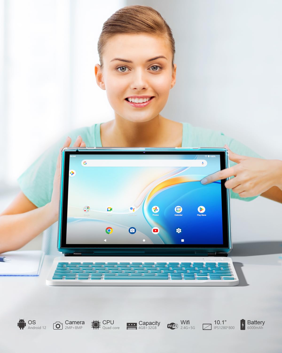 2 in 1 Tablet with Keyboard Case Mouse Stylus, 10 inch Tablet Android 14 Tablets PC, 6GB RAM+32GB ROM Support 1TB Expandable, 6000mAh Battery IPS 10.1" Tab 2MP+8MP Dual Camera WiFi-6 Bluetooth Tableta