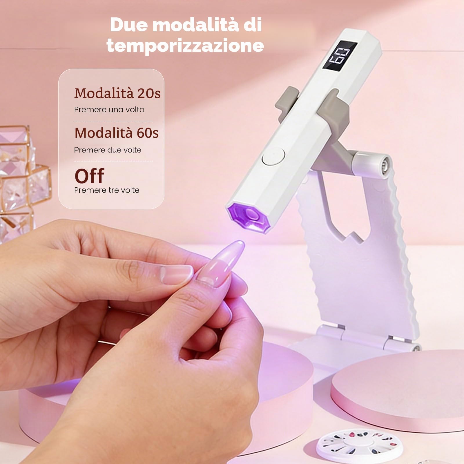 Mini Lampada UV LED Unghie, 3W Portatile UV Lampada per Unghie con Supporto, USB Lampada Unghie UV Led, 20/60 Timer Lampada Gel Sciugatura Rapida per Asciuga Unghie Salone di Casa