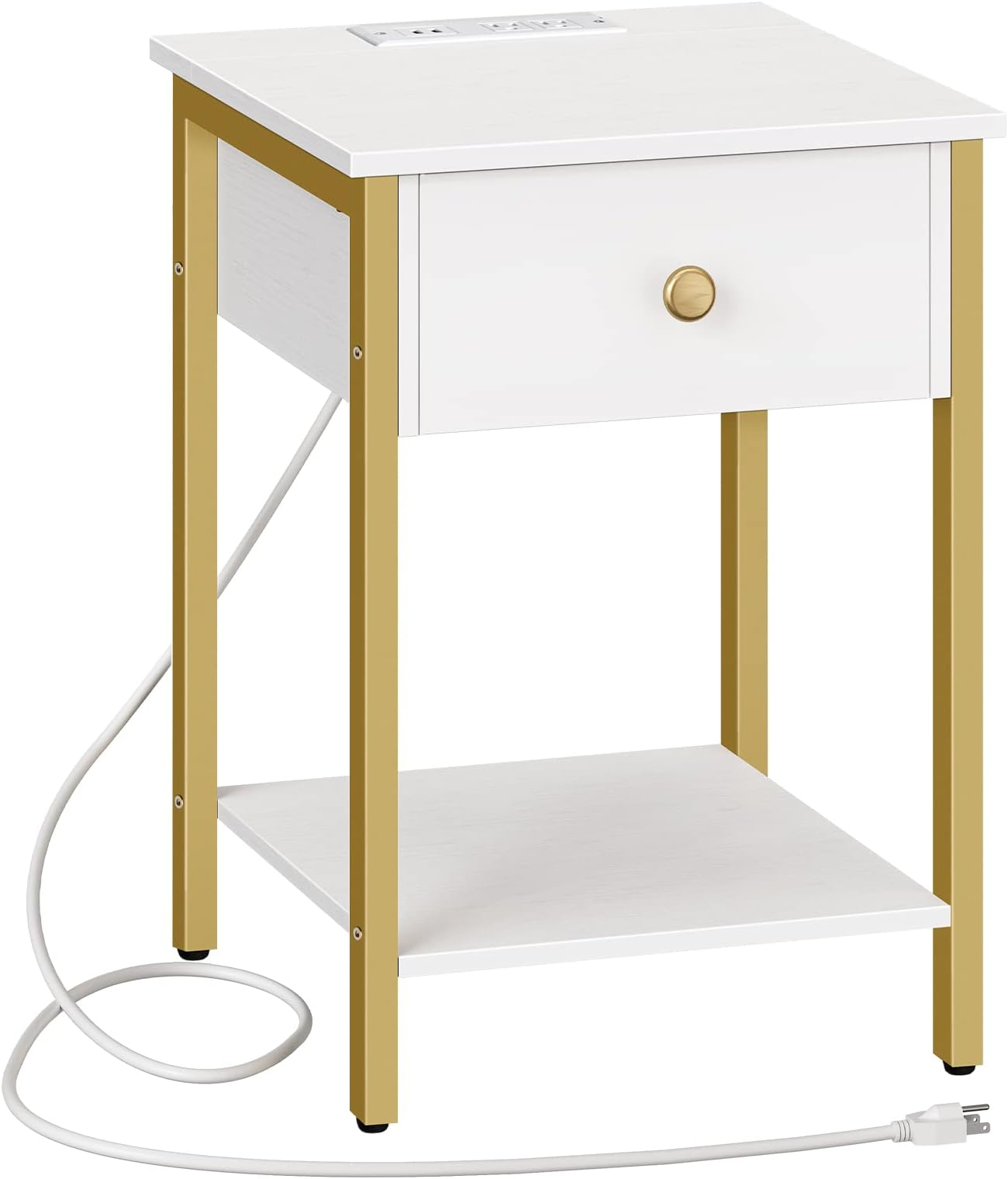 HOOBRO Nightstand with Charging Station, End Table with Storage Drawer, Side Table with Open Shelf, Bedside Table with USB Ports and Outlets, Night Stand for Bedroom, White and Gold DW40UBZ01